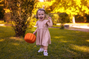 Smiling little girl holding an orange pumpkin in an autumn park.