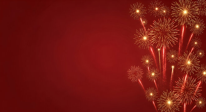 Golden fireworks burst against a rich red background, creating a festive and celebratory atmosphere