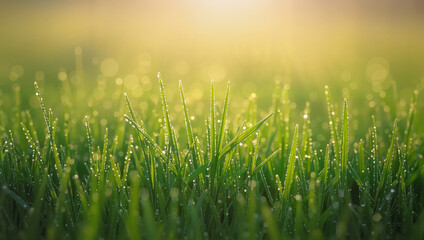 Green grass with morning dew closeup