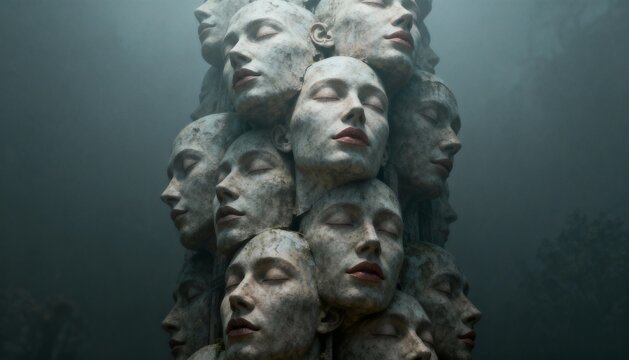 Surreal Tower Made of Giant Floating Faces - Powered by Adobe