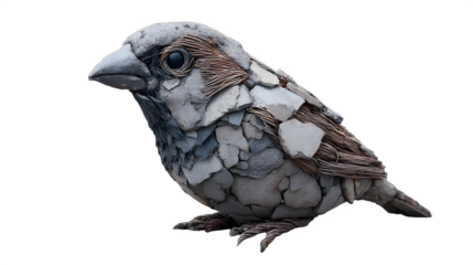 Intricate sparrow sculpture crafted from stone and wire, showcasing unique artisanal detail