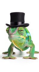 Fototapeta premium chameleon wearing a top hat, formal attire, on a solid white background