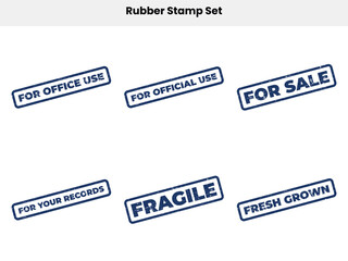 Blue Rubber Stamp Set with Distressed Texture on White Background Isolated