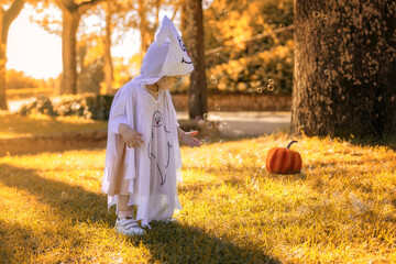 Toddler in a white ghost costume with a pumpkin on the grass in an autumn park.