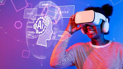 A young woman enjoying virtual reality while wearing a headset in a vibrant, digital space. She expresses joy as she interacts with elements of artificial intelligence and technology. Raster