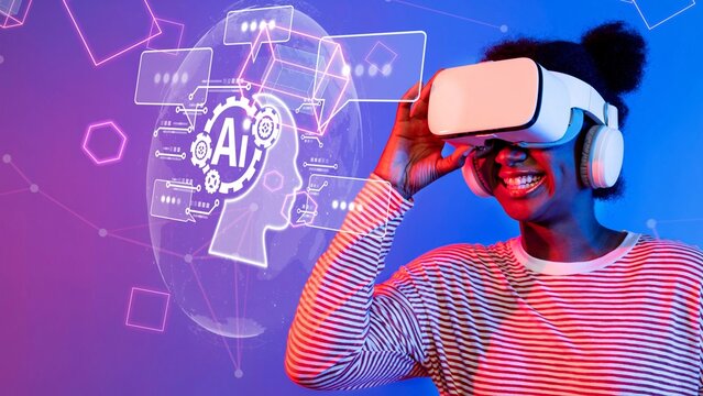 A young woman enjoying virtual reality while wearing a headset in a vibrant, digital space. She expresses joy as she interacts with elements of artificial intelligence and technology. Raster - Powered by Adobe