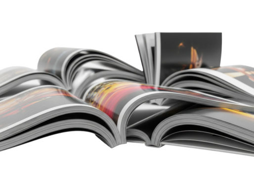 Open magazines with glossy and matte pages, blurred colorful abstract images, and layered edges on a transparent background, soft studio light. Concept of print media aesthetics