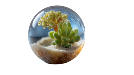 Miniature succulent terrarium in a clear sphere, a vibrant green plant thriving in sand and water