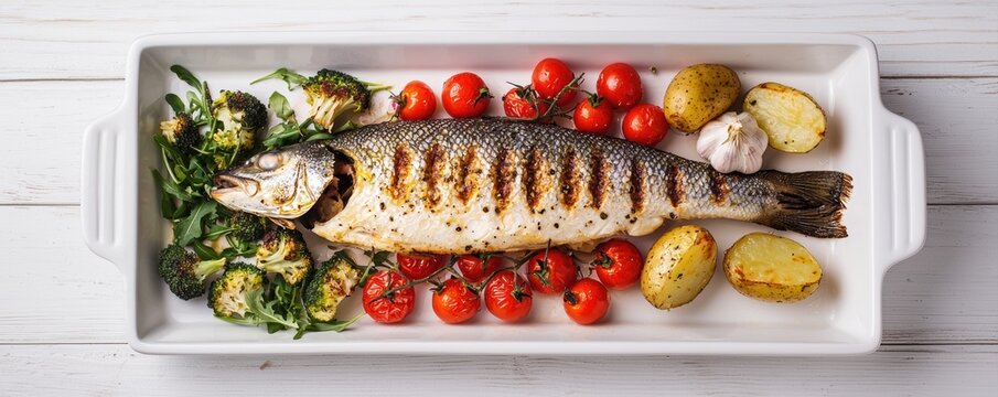 Grilled whole fish served with roasted vegetables and potatoes on a white platter, highlighting a healthy and appetizing meal.