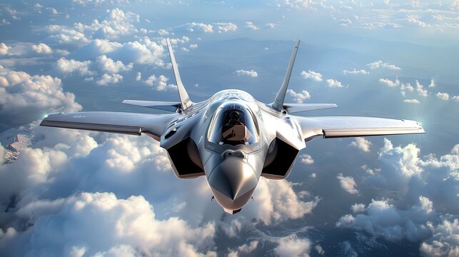 F 35 fighter jet in flight  a stunning view above clouds and snow capped mountains