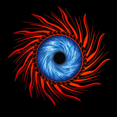 dynamic twirl of sun shape with blue eye, mystical sun crown with tongues of fire, fractal art