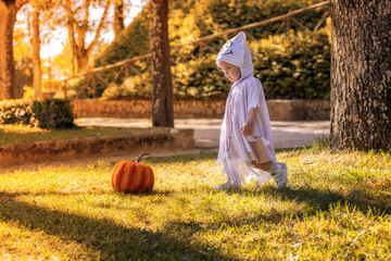 Happy little girl, 2 years old, wearing a cute white ghost Halloween costume, standing outdoors in a park with colorful autumn leaves. A small orange pumpkin lies on grass.