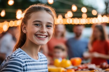 Obraz premium Joyful Girl Smiling at Outdoor Event with String Lights in Background