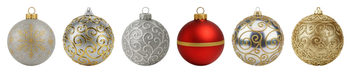 Christmas ornament set including silver, gold, and red baubles with glitter and filigree patterns isolated. Festive holiday decoration collection.