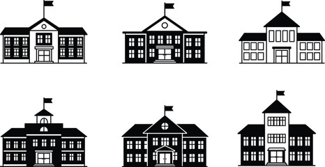 School building silhouette icons, educational architecture, black and white design, flags on rooftops, vector illustration, symmetrical layout, institutional structures, graphic set