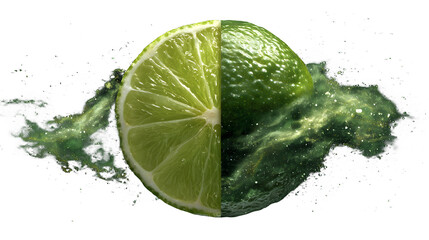 Vibrant lime explosion with glittering green particles creating dynamic splash and freshness