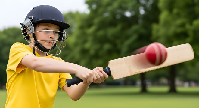 Young Cricketer Hitting the Ball with a Bat