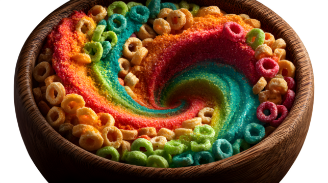 Vibrant rainbow cereal swirls in wooden bowl, a sweet delight for joyful mornings and playful treats.