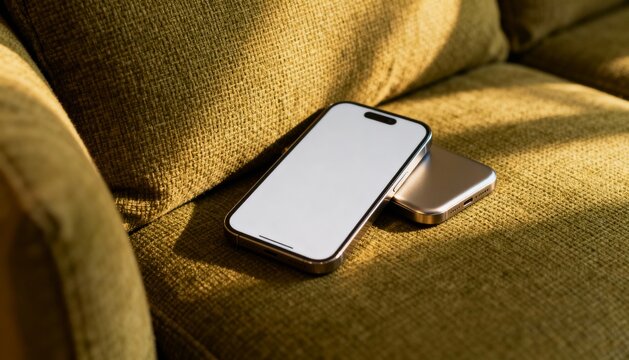 Phone Mockup on Textured Olive Fabric Couch