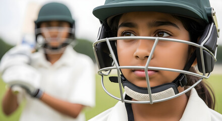 Close-up of a young female cricket player with a helmet