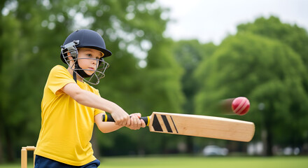 Young Cricketer Hitting the Ball with a Bat