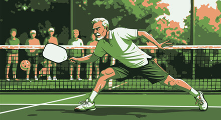 Senior Pickleball Player in Action on the Court with Spectators in the Background