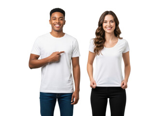 Obraz premium Young multi-ethnic man & caucasian woman in white t-shirts & jeans, smiling confidently on a transparent studio background with copy space, perfect for apparel mockups. Concept for blank garment