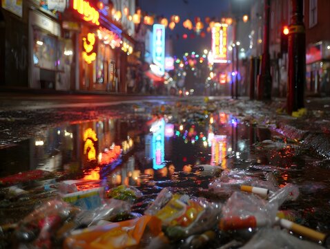 Night Street Reflection: A rain-slicked street in a vibrant cityscape reflects the glow of neon lights, creating a captivating ambiance filled with urban energy.