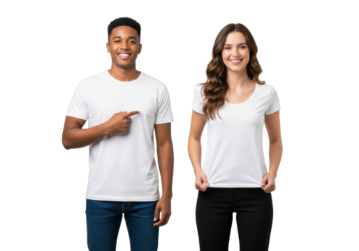 Young multi-ethnic man & caucasian woman in white t-shirts & jeans, smiling confidently on a transparent studio background with copy space, perfect for apparel mockups. Concept for blank garment