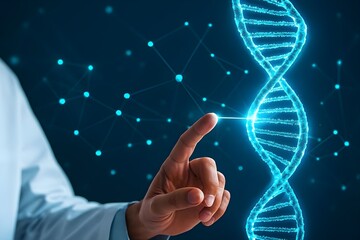 Futuristic DNA Strand Visualization with Hand Pointing and Connected Medical Data Nodes