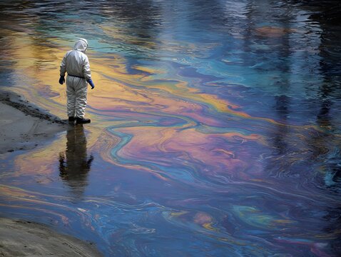 Polluted Waters: A worker in a protective suit stands amidst a sea of iridescent pollution, highlighting the environmental cost, symbolizing the devastating impact on the ecosystem. 