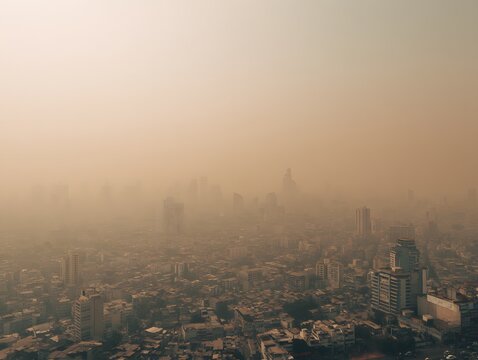 Cityscape Smog: A distant urban panorama enveloped in a thick smog, the scene evokes a sense of urban congestion, and environmental concern.