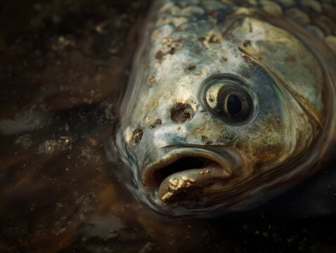 Silent Underwater World: A close-up of a solitary fish immersed in murky water, its detailed scales and texture telling a silent tale of the deep.