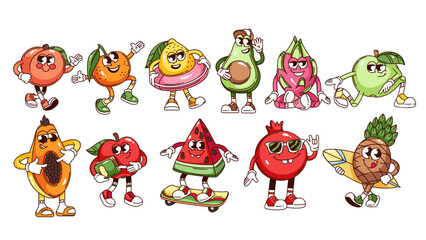 Groovy fruit and berry cartoon characters activity set. Funny retro personages walk with rubber ring and surfboard, skateboard. Fruit mascot, cartoon stickers of 70s 80s style vector illustration