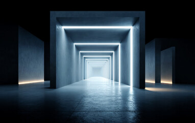 Obraz premium Modern geometric corridor with glowing neon lights creating a futuristic ambiance