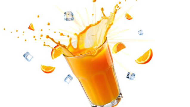 Refreshing orange juice splash with ice cubes and orange slices isolated on transparent background