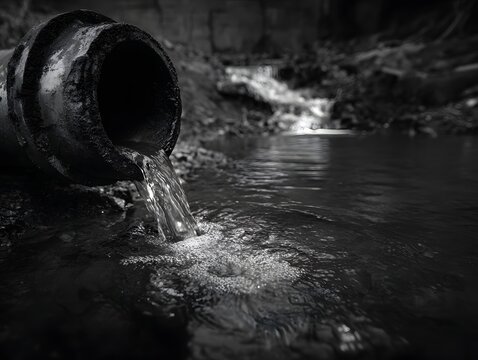Industrial Runoff: A stark monochrome captures the grim reality of industrial waste pollution contaminating a pristine body of water, an urgent reminder of our environmental responsibility.