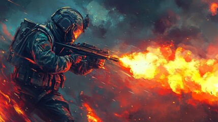 Soldier using flamethrower in intense battle scene with vivid flames and dark clouds above
