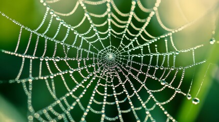 Fototapeta premium The fine texture of a spiderâ€™s web covered in morning dew â€“ A detailed shot of delicate, geometric patterns of the web with sparkling droplets of dew hanging from each thread --ar 16:9 --v 6.1 Job