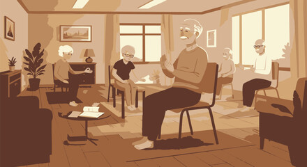 Support Group Gathering Seniors Sharing Experiences in a Bright Room