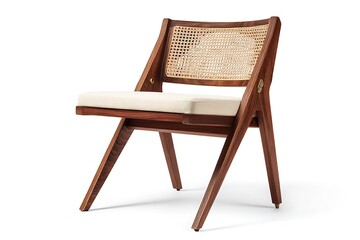 Elegant walnut wood chair with woven cane backrest perfect for modern home decor and sophisticated interiors, adding warmth and style to any space