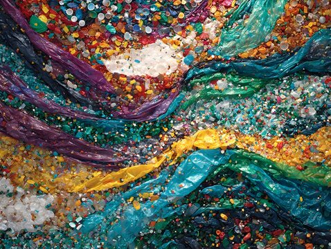 Colorful Plastic: A vibrant explosion of various colorful plastic materials, artistically arranged, evoking a sense of abstraction.