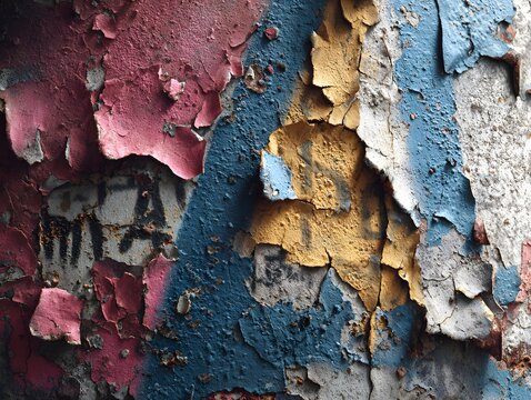 Decaying paint: An abstract close-up of weathered paint. The texture reveals layers of colors peeling and cracking, evoking a sense of age and history, telling a story of time.
