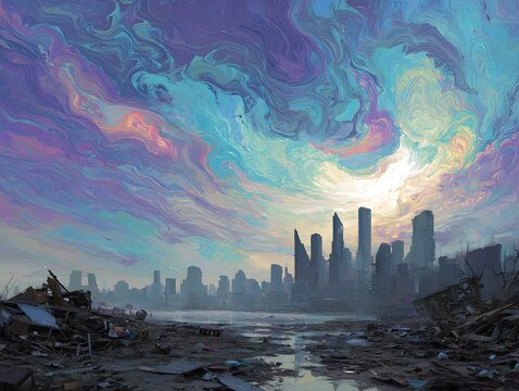 Apocalyptic Cityscape: A dramatic, ethereal scene unfolds as a city silhouette endures amidst an environmental disaster, marked by vibrant, swirling skies and the wreckage of the modern world. 