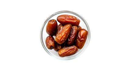 A pile of ripe sweet dates in a clear oval dish isolated on transparent background