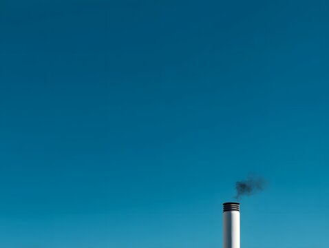 Smokestack Rising: A solitary smokestack gracefully ascends towards the serene, limitless expanse of the radiant, cerulean sky, emitting a wisp of smoke.
