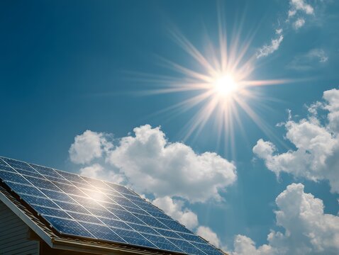 Harnessing the Sun's Power: A solar panel array atop a house, capturing the radiant energy of the sun against a backdrop of blue sky and fluffy clouds, embodying sustainability and green technology.