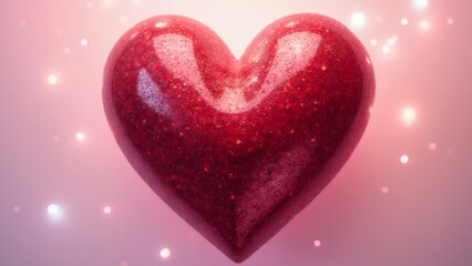 Fototapeta premium Red Glitter Heart Shining on Pink Gradient Background for Valentine's Day
