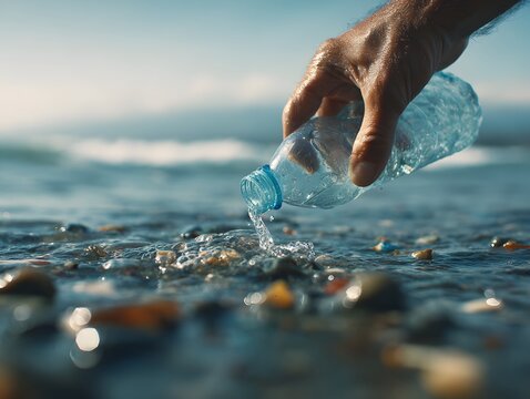 Quenching Thirst: A hand pours fresh water from a plastic bottle into the glistening sea, symbolizing the vital need for hydration and the importance of keeping oceans clean. 