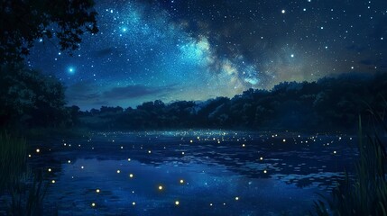 Fototapeta premium Starry night sky glows over a tranquil lake reflecting the Milky Way and shimmering fireflies